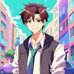 A handsome anime boy with stylish hair and a charming smile, wearing a fashionable outfit