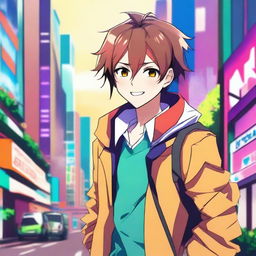 A handsome anime boy with stylish hair and a charming smile, wearing a fashionable outfit