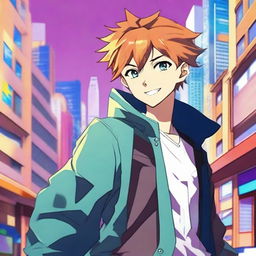 A handsome anime boy with stylish hair and a charming smile, wearing a fashionable outfit