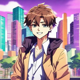 A handsome anime boy with stylish hair and a charming smile, wearing a fashionable outfit