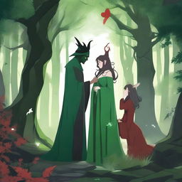 A fantasy scene set in a deep green forest