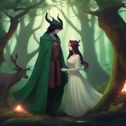 A fantasy scene set in a deep green forest