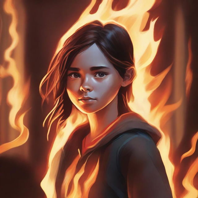 Create an image of a teenage girl named Ela who is struggling to control a powerful and dangerous fire ability that erupts when her emotions run high