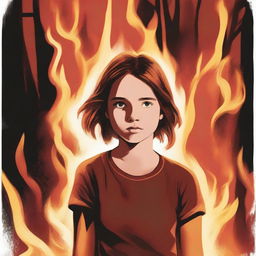 Create an image of a teenage girl named Ela who is struggling to control a powerful and dangerous fire ability that erupts when her emotions run high