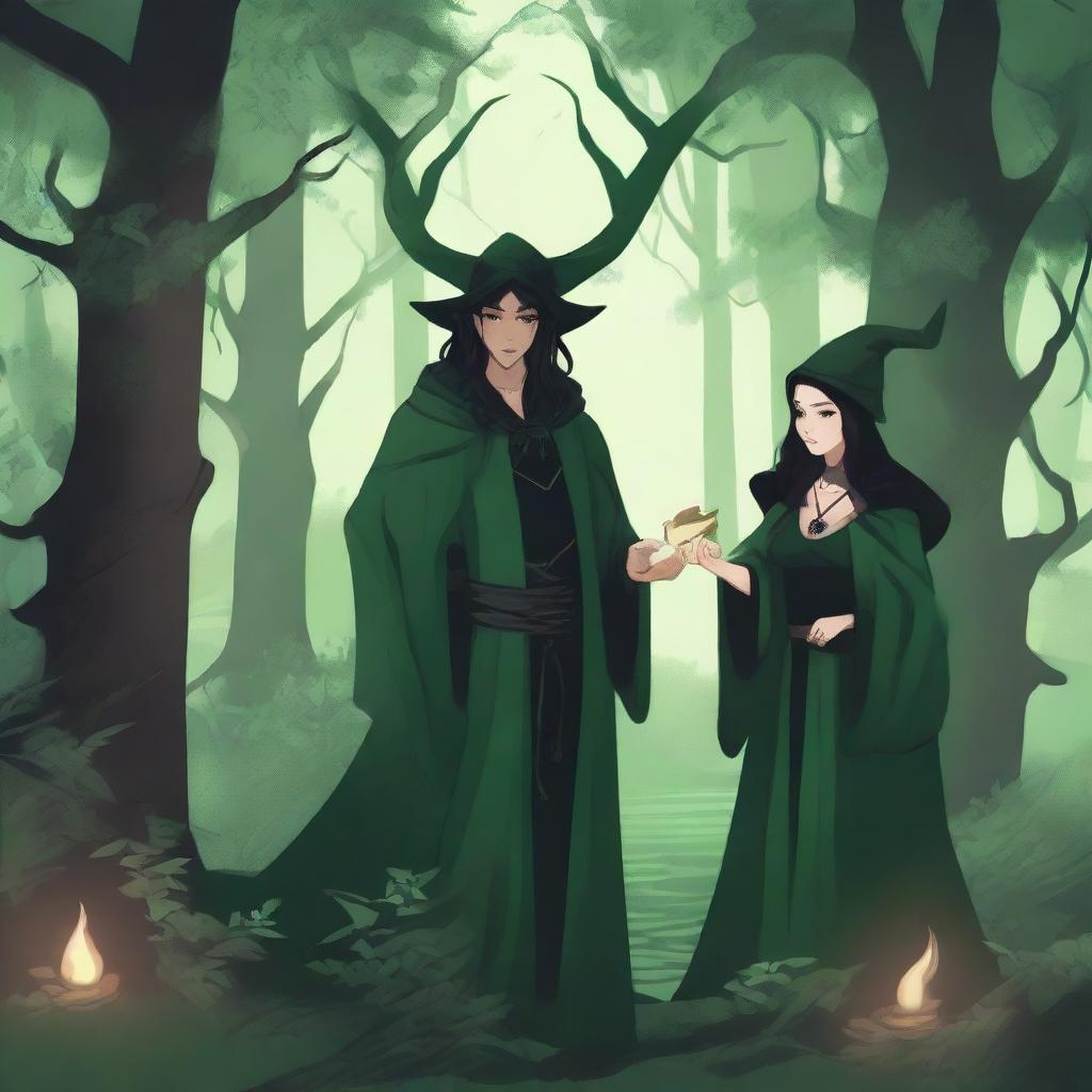 A fantasy scene set in a deep green forest