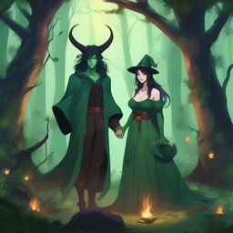 A fantasy scene set in a deep green forest