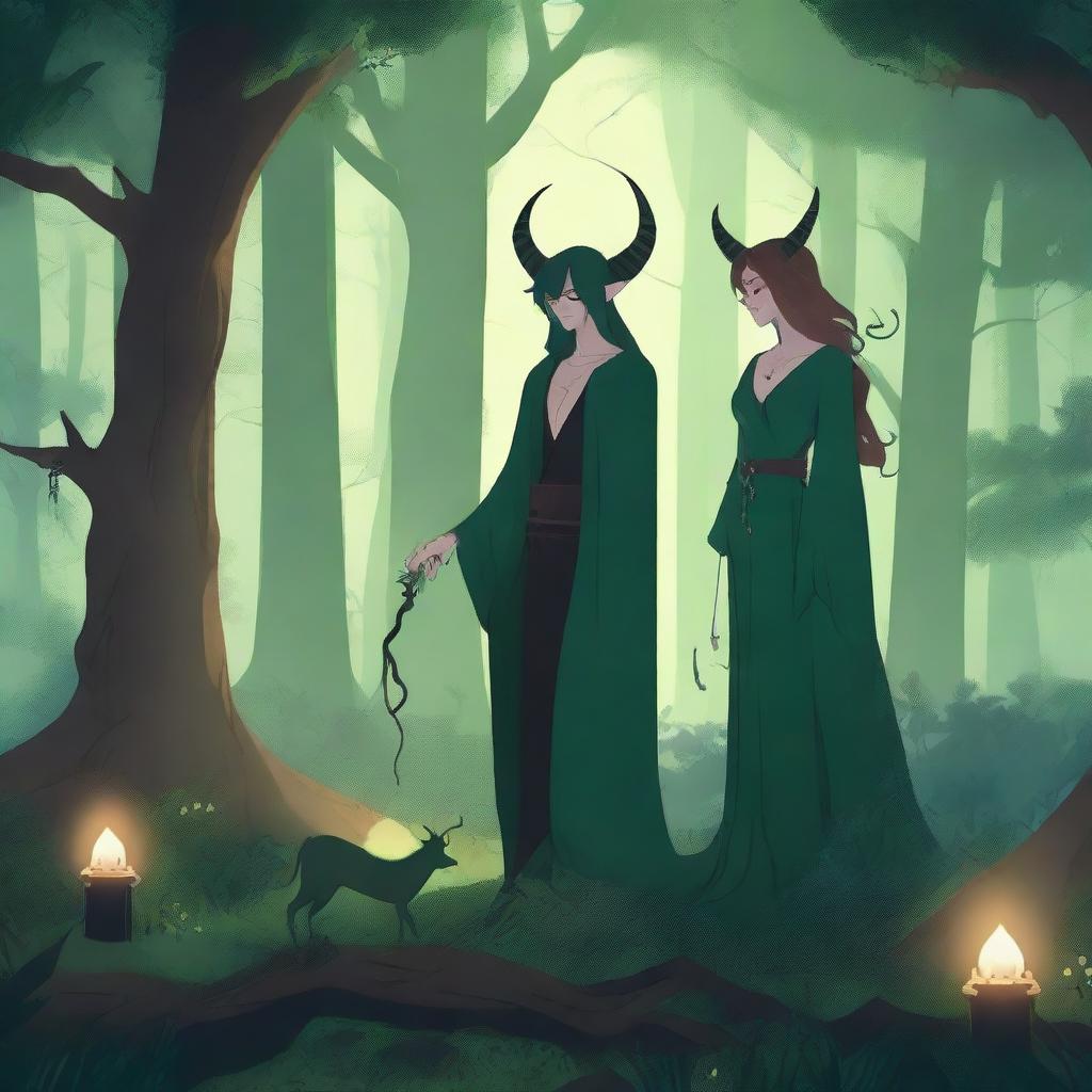 A fantasy scene set in a deep green forest