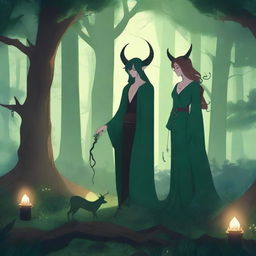 A fantasy scene set in a deep green forest