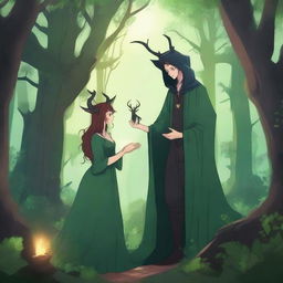 A fantasy scene set in a deep green forest