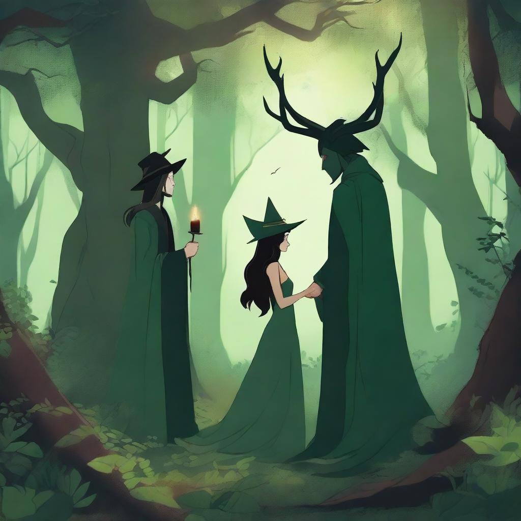 A fantasy scene set in a deep green forest