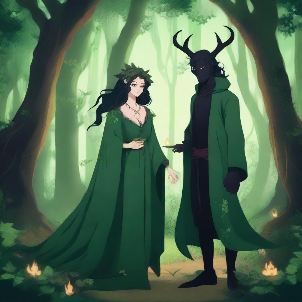 A fantasy scene set in a deep green forest