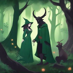 A fantasy scene set in a deep green forest