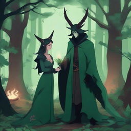 A fantasy scene set in a deep green forest