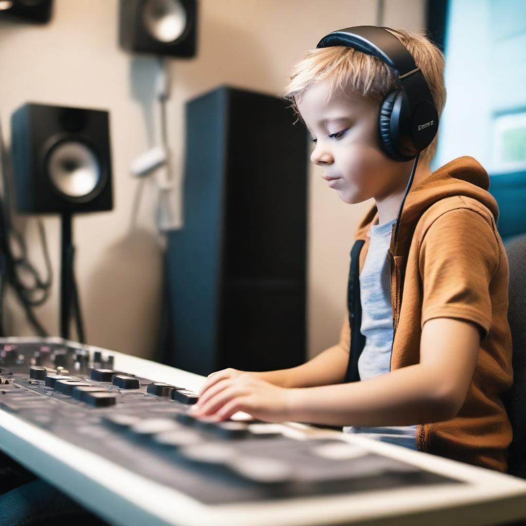 A young boy is in a modern music studio, surrounded by various musical instruments and recording equipment