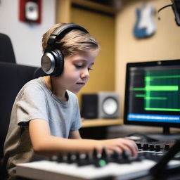 A young boy is in a modern music studio, surrounded by various musical instruments and recording equipment