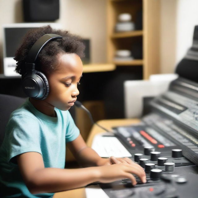 A young boy is in a modern music studio, surrounded by various musical instruments and recording equipment