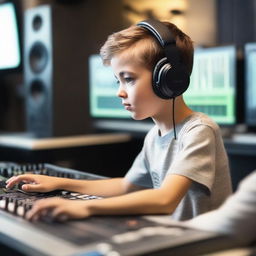 A young boy is in a modern music studio, surrounded by various musical instruments and recording equipment