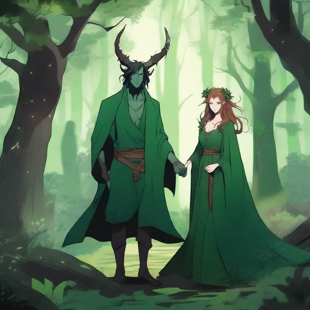 A fantasy scene set in a deep green forest where enemies meet