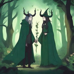 A fantasy scene set in a deep green forest where enemies meet