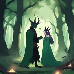 A fantasy scene set in a deep green forest where enemies meet