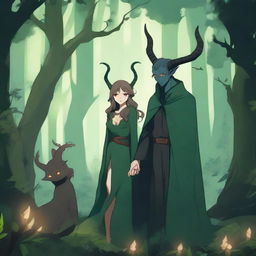 A fantasy scene set in a deep green forest where enemies meet