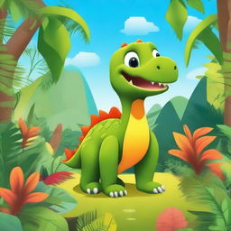 A small, cute dinosaur in a lush, prehistoric jungle setting