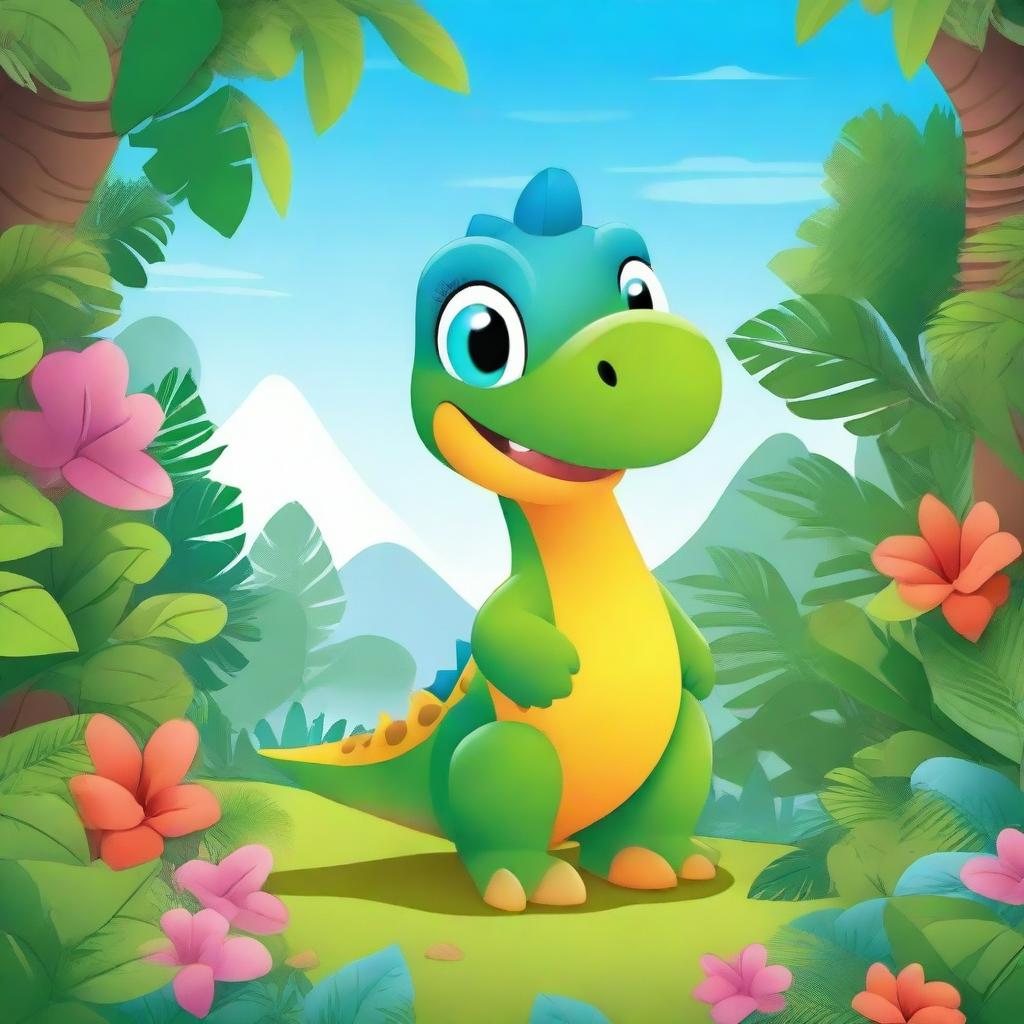 A small, cute dinosaur in a lush, prehistoric jungle setting