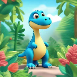 A small, cute dinosaur in a lush, prehistoric jungle setting