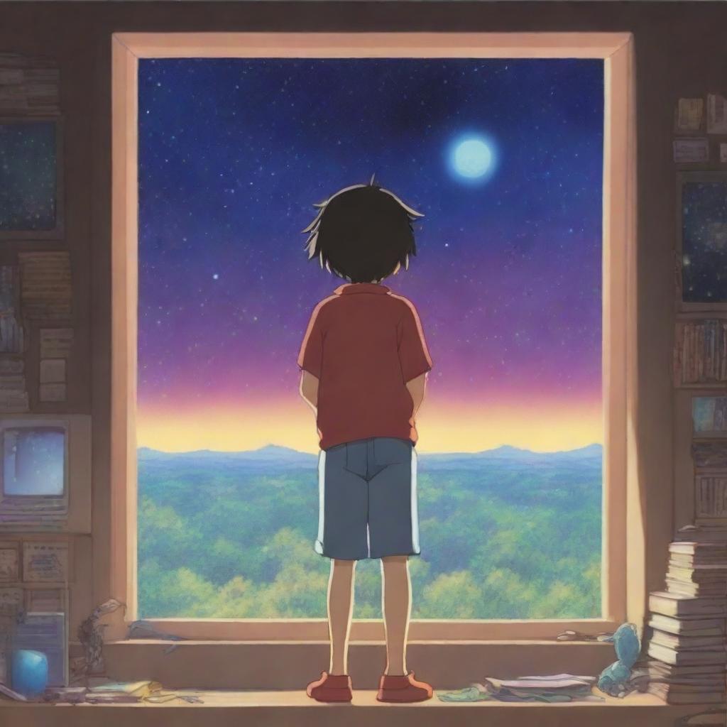 A boy with his back to the viewer is standing in a music studio, looking out a window