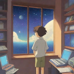 A boy with his back to the viewer is standing in a music studio, looking out a window