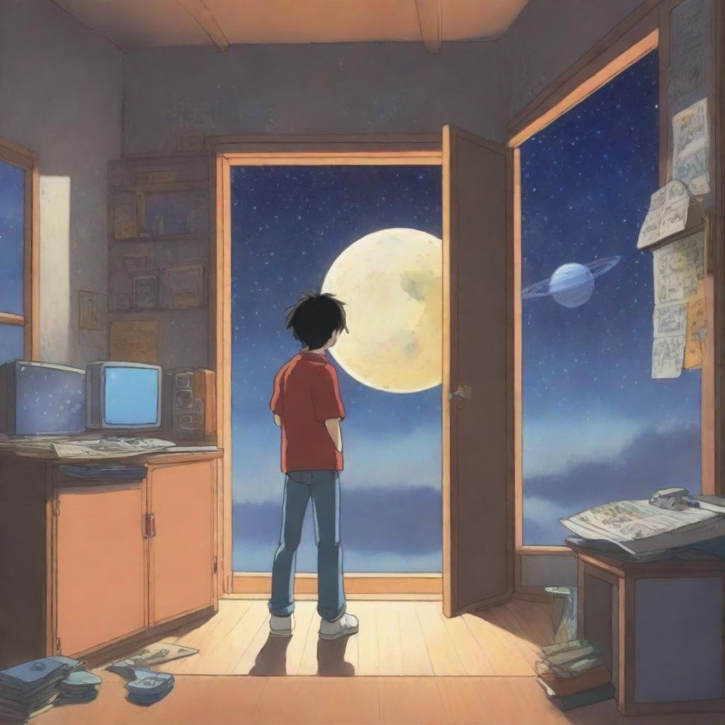 A boy with his back to the viewer is standing in a music studio, looking out a window