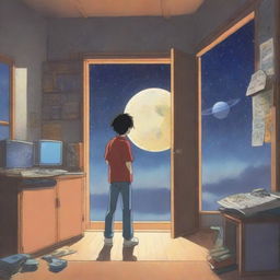 A boy with his back to the viewer is standing in a music studio, looking out a window