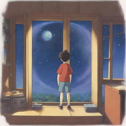 A boy with his back to the viewer is standing in a music studio, looking out a window