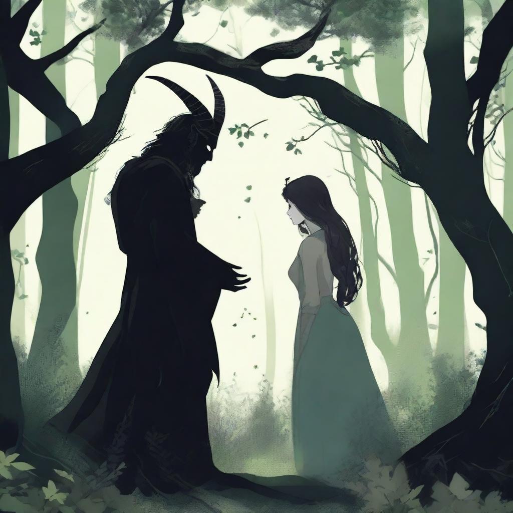 A forbidden love scene between a male demon, who is 6 feet tall, and a female witch, who is 5 feet tall