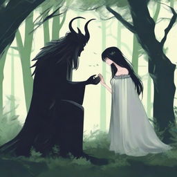 A forbidden love scene between a male demon, who is 6 feet tall, and a female witch, who is 5 feet tall