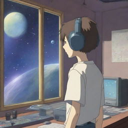 A boy with his back to the viewer is standing in a music studio, wearing DJ-style headsets, and looking out a window