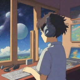 A boy with his back to the viewer is standing in a music studio, wearing DJ-style headsets, and looking out a window