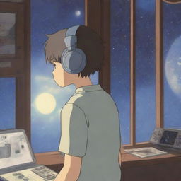 A boy with his back to the viewer is standing in a music studio, wearing DJ-style headsets, and looking out a window