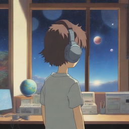 A boy with his back to the viewer is standing in a music studio, wearing DJ-style headsets, and looking out a window