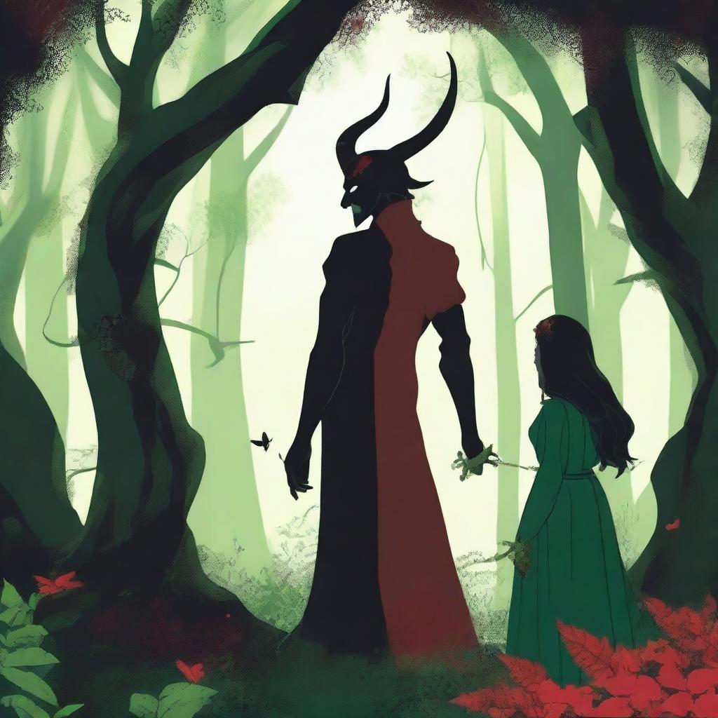 A forbidden love scene between a male demon, who is 6 feet tall and wears red, and a female witch, who is 5 feet tall and wears green