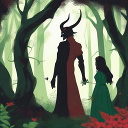 A forbidden love scene between a male demon, who is 6 feet tall and wears red, and a female witch, who is 5 feet tall and wears green