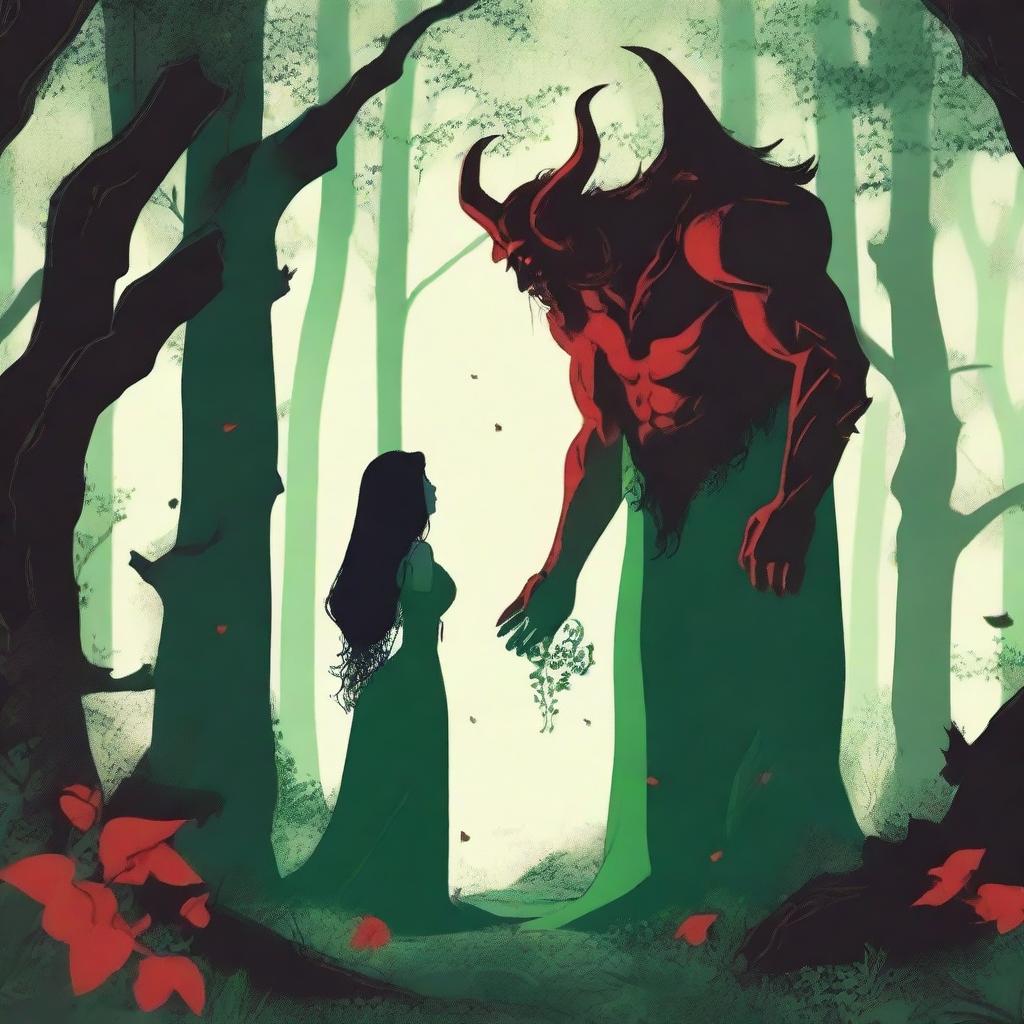 A forbidden love scene between a male demon, who is 6 feet tall and wears red, and a female witch, who is 5 feet tall and wears green