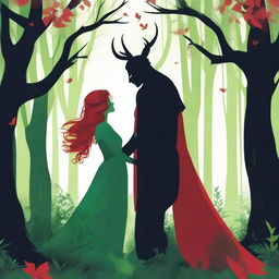 A forbidden love scene between a male demon, who is 6 feet tall and wears red, and a female witch, who is 5 feet tall and wears green