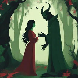 A forbidden love scene between a male demon, who is 6 feet tall and wears red, and a female witch, who is 5 feet tall and wears green