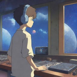 A boy with his back to the viewer is standing in a music studio, wearing DJ-style headsets