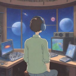 A boy with his back to the viewer is standing in a music studio, wearing DJ-style headsets