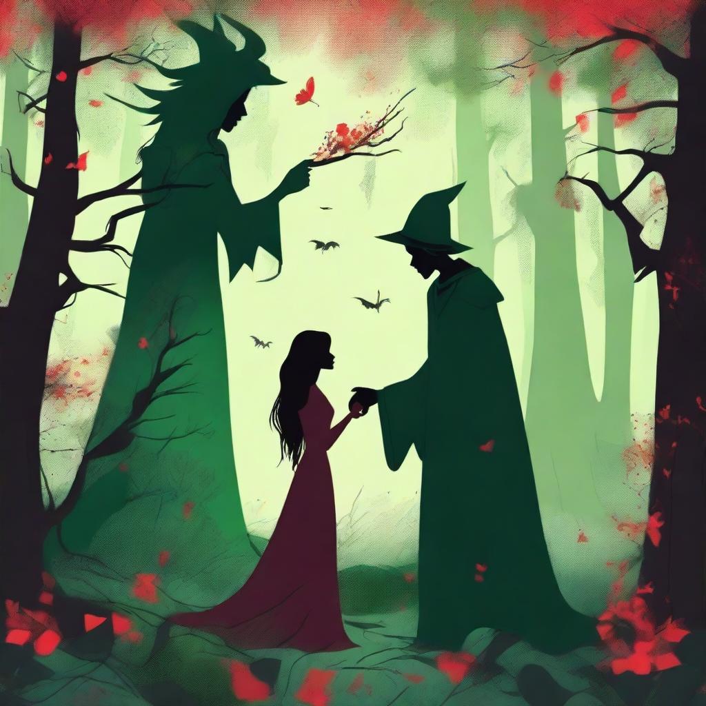 A fantasy scene depicting forbidden love between a male demon who is 6 feet tall and a female witch who is 5 feet tall