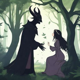 A forbidden love scene between a male demon, who is 6 feet tall, and a female witch, who is 5 feet tall