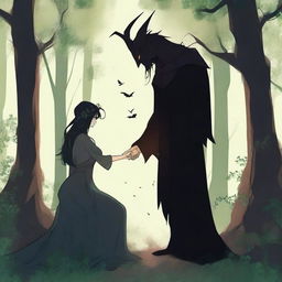 A forbidden love scene between a male demon, who is 6 feet tall, and a female witch, who is 5 feet tall