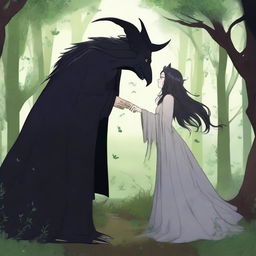 A forbidden love scene between a male demon, who is 6 feet tall, and a female witch, who is 5 feet tall